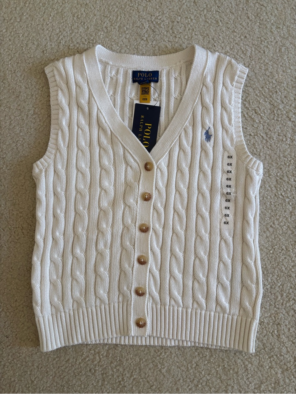NWT Polo Ralph Lauren Girl’s White Cable Knit Sweater Vest Size 6X